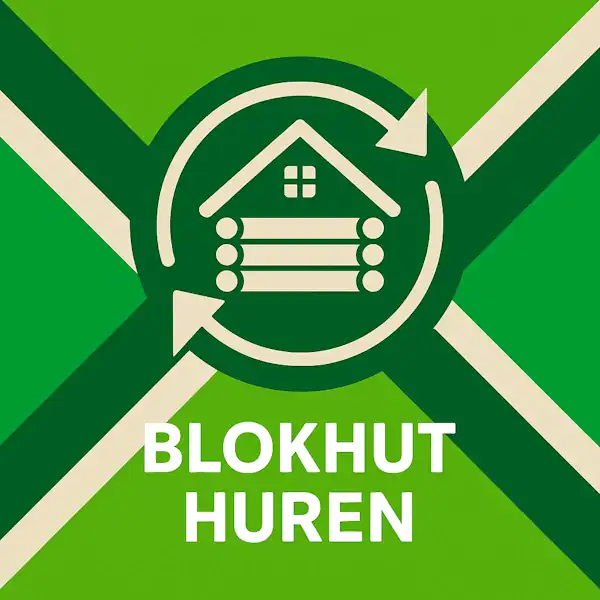 Logo voor blokhut huren: een wit blokhuticoon met ramen en boomstamstructuur, omringd door cirkelvormige pijlen, geplaatst op de correcte Achterhoekse vlag met lichtgroene en donkergroene diagonale banen en roomwitte kruisen, met daaronder de tekst BLOKHUT HUREN in hoofdletters.