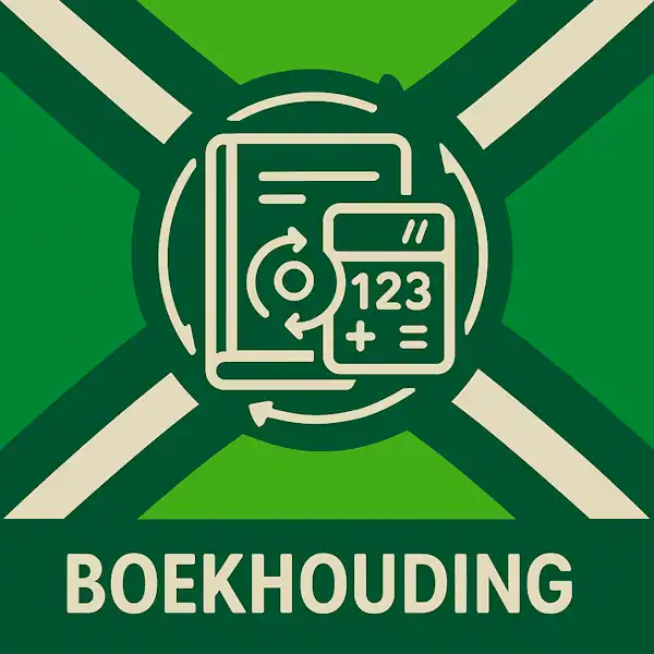 Logo voor boekhouding: een wit boek met rekenmachine en cirkelvormige pijlen eromheen, geplaatst op de correcte Achterhoekse vlag met lichtgroene en donkergroene diagonale banen en roomwitte kruisen, met daaronder de tekst BOEKHOUDING in hoofdletters.