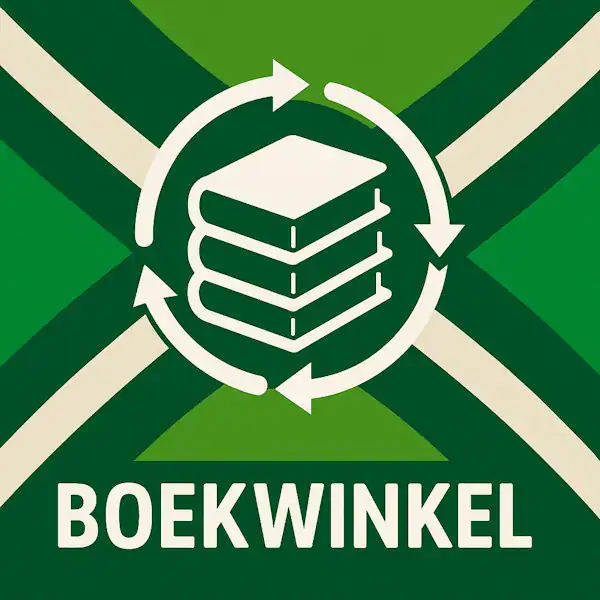 Logo voor boekwinkel: een stapel witte boeken met cirkelvormige pijlen eromheen, geplaatst op de correcte Achterhoekse vlag met lichtgroene en donkergroene diagonale banen en roomwitte kruisen, met daaronder de tekst BOEKWINKEL in hoofdletters.