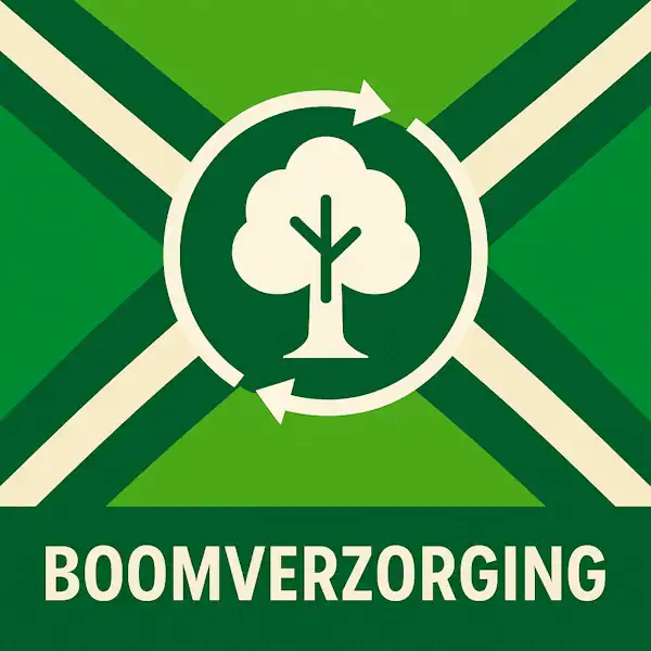 Logo voor boomverzorging: een wit boomicoon met takstructuur en cirkelvormige pijlen eromheen, geplaatst op de correcte Achterhoekse vlag met lichtgroene en donkergroene diagonale banen en roomwitte kruisen, met daaronder de tekst BOOMVERZORGING in hoofdletters