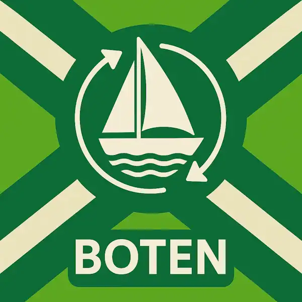 Logo voor boten: een wit zeilbooticoon met golvende lijnen en cirkelvormige pijlen eromheen, geplaatst op de correcte Achterhoekse vlag met lichtgroene en donkergroene diagonale banen en roomwitte kruisen, met daaronder de tekst BOTEN in hoofdletters.