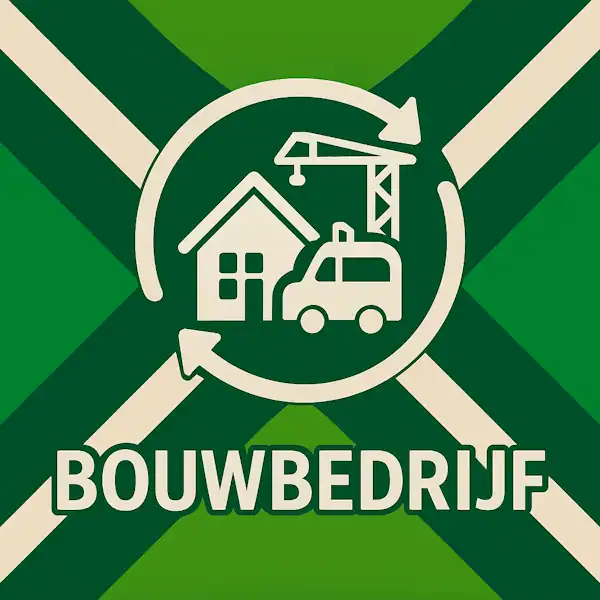 Logo voor bouwbedrijf: een wit huisicoon in aanbouw met hijskraan en voertuig, omringd door cirkelvormige pijlen, geplaatst op de correcte Achterhoekse vlag met lichtgroene en donkergroene diagonale banen en roomwitte kruisen, met daaronder de tekst BOUWBEDRIJF in hoofdletters.