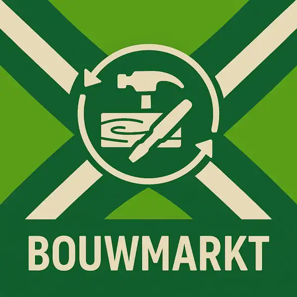 Logo voor bouwmarkt: een wit hamericoon met houten plank en beitel, omringd door cirkelvormige pijlen, geplaatst op de correcte Achterhoekse vlag met lichtgroene en donkergroene diagonale banen en roomwitte kruisen, met daaronder de tekst BOUWMARKT in hoofdletters.