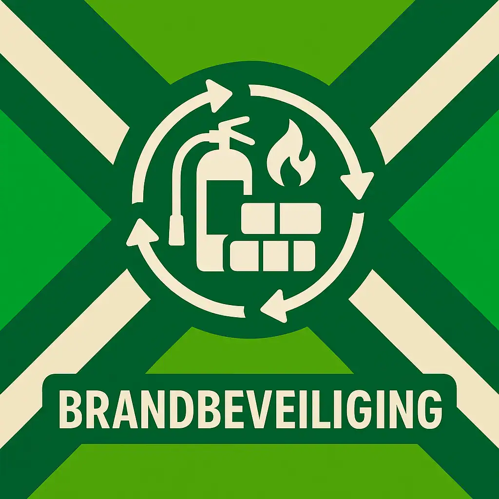 Logo voor brandbeveiliging: een wit brandblussericoon met vlam en bakstenen, omringd door cirkelvormige pijlen, geplaatst op de correcte Achterhoekse vlag met lichtgroene en donkergroene diagonale banen en roomwitte kruisen, met daaronder de tekst BRANDBEVEILIGING in hoofdletters.