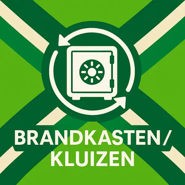 Logo voor brandkasten / kluizen: een wit kluisicoon met draaiknopslot, omringd door cirkelvormige pijlen, geplaatst op de correcte Achterhoekse vlag met lichtgroene en donkergroene diagonale banen en roomwitte kruisen, met daaronder de tekst BRANDKASTEN / KLUIZEN in hoofdletters.