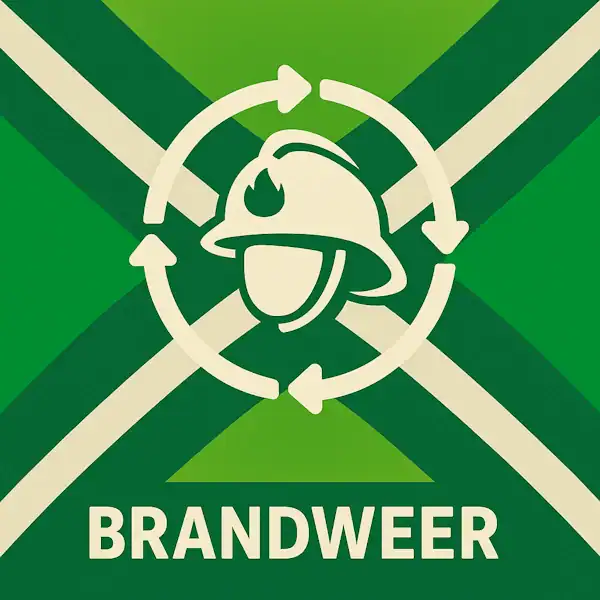 Logo voor brandweer: een wit brandweerhelmicoon met vlam, omringd door cirkelvormige pijlen, geplaatst op de correcte Achterhoekse vlag met lichtgroene en donkergroene diagonale banen en roomwitte kruisen, met daaronder de tekst BRANDWEER in hoofdletters.