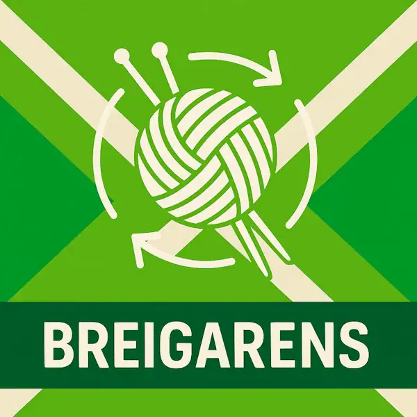 Logo voor breigarens: een wit bolletje wol met kruislings geplaatste breinaalden, omringd door cirkelvormige pijlen, geplaatst op de correcte Achterhoekse vlag met licht- en donkergroene diagonale banen en roomwitte kruisen, met daaronder de tekst BREIGARENS in hoofdletters op een donkergroene balk.