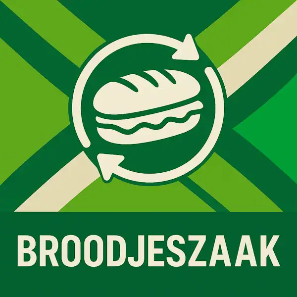 Logo voor broodjeszaak: een wit sandwichicoon met cirkelvormige pijlen eromheen, geplaatst op de correcte Achterhoekse vlag met lichtgroene en donkergroene diagonale banen en roomwitte kruisen, met daaronder de tekst BROODJESZAAK in hoofdletters op een donkergroene balk.