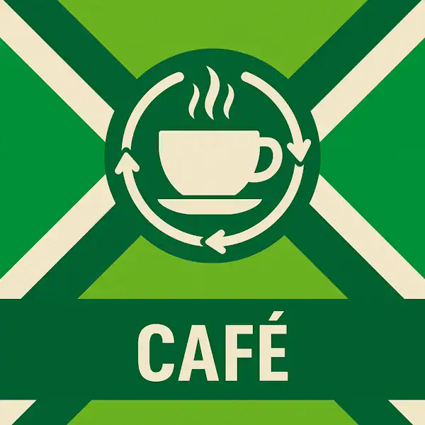 Logo voor café: een wit koffiekopje met opstijgende stoom en cirkelvormige pijlen eromheen, geplaatst op de correcte Achterhoekse vlag met lichtgroene en donkergroene diagonale banen en roomwitte kruisen, met daaronder de tekst CAFÉ in hoofdletters op een donkergroene balk.