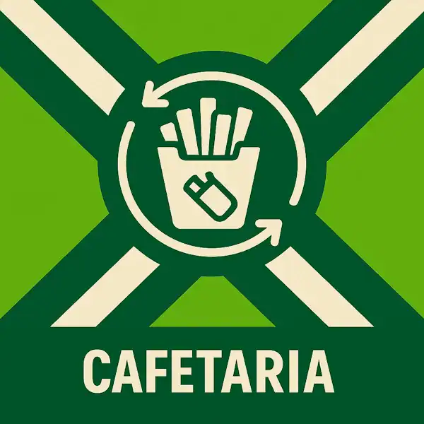 Logo voor cafetaria: een wit frietbakje met frietjes en sausfles, omringd door cirkelvormige pijlen, geplaatst op de correcte Achterhoekse vlag met lichtgroene en donkergroene diagonale banen en roomwitte kruisen, met daaronder de tekst CAFETARIA in hoofdletters op een donkergroene balk.