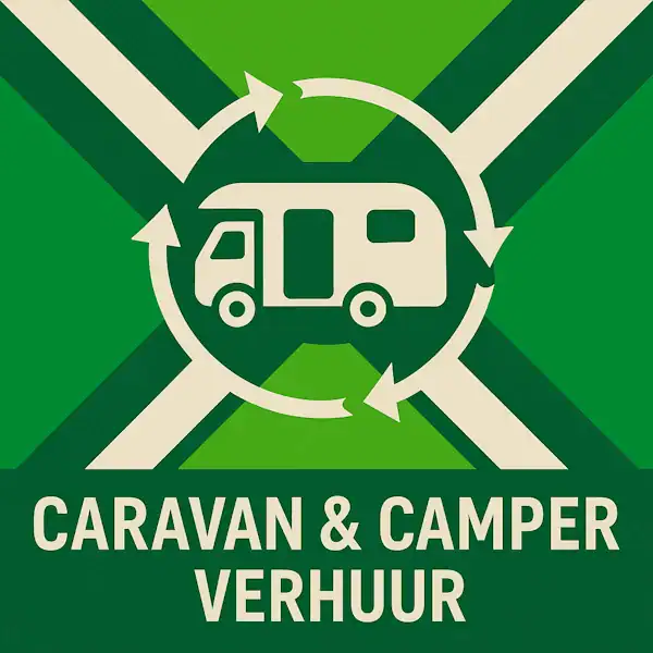 Logo voor caravan & camper verhuur: een wit icoon van een camper met cirkelvormige pijlen eromheen, geplaatst op de correcte Achterhoekse vlag met lichtgroene en donkergroene diagonale banen en roomwitte kruisen, met daaronder de tekst CARAVAN & CAMPER VERHUUR in hoofdletters op een donkergroene balk over de volledige breedte.
