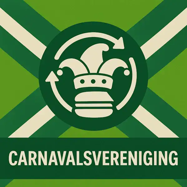 Logo voor carnavalsvereniging: een wit narrenmutsicoon met drie punten en cirkelvormige pijlen eromheen, geplaatst op de correcte Achterhoekse vlag met lichtgroene en donkergroene diagonale banen en roomwitte kruisen, met daaronder de tekst CARNAVALSVERENIGING in hoofdletters op een donkergroene balk over de volledige breedte.