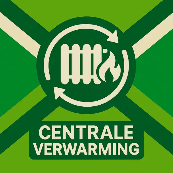 Logo voor centrale verwarming: een wit radiatoricoon met vlam en cirkelvormige pijlen eromheen, geplaatst op de correcte Achterhoekse vlag met lichtgroene en donkergroene diagonale banen en roomwitte kruisen, met daaronder de tekst CENTRALE VERWARMING in hoofdletters op een donkergroene balk over de volledige breedte.