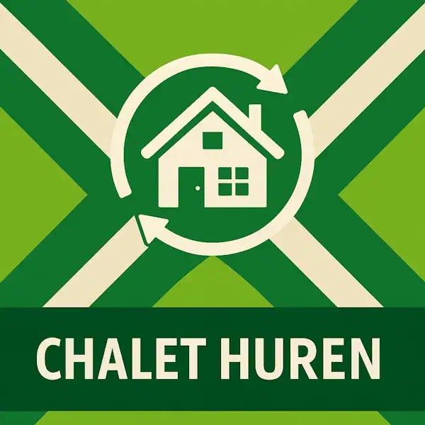Logo voor chalet huren: een wit chaleticoon met puntdak en ramen, omringd door cirkelvormige pijlen, geplaatst op de correcte Achterhoekse vlag met lichtgroene en donkergroene diagonale banen en roomwitte kruisen, met daaronder de tekst CHALET HUREN in hoofdletters op een donkergroene balk over de volledige breedte.