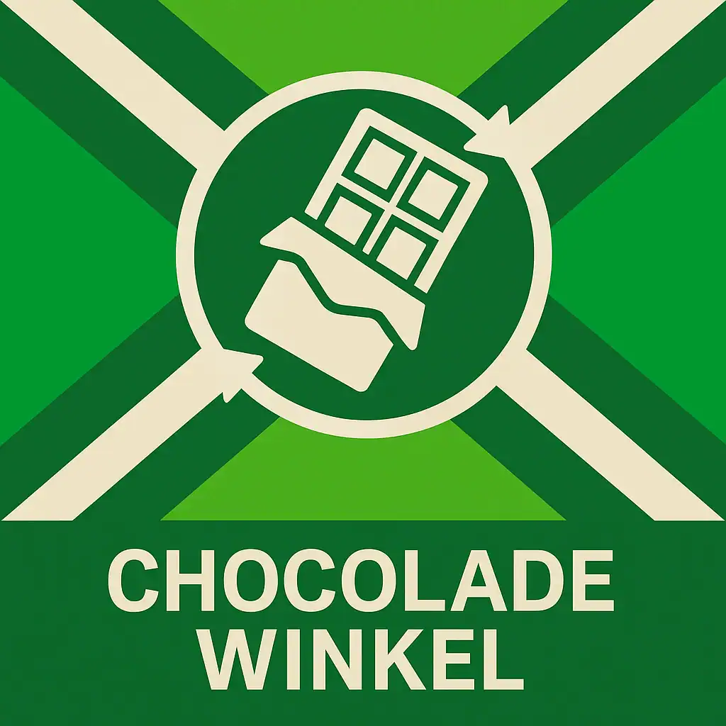 Logo voor chocolade winkel: een wit chocoladereepicoon in open wikkel met cirkelvormige pijlen eromheen, geplaatst op de correcte Achterhoekse vlag met lichtgroene en donkergroene diagonale banen en roomwitte kruisen, met daaronder de tekst CHOCOLADE WINKEL in hoofdletters op een donkergroene balk over de volledige breedte.