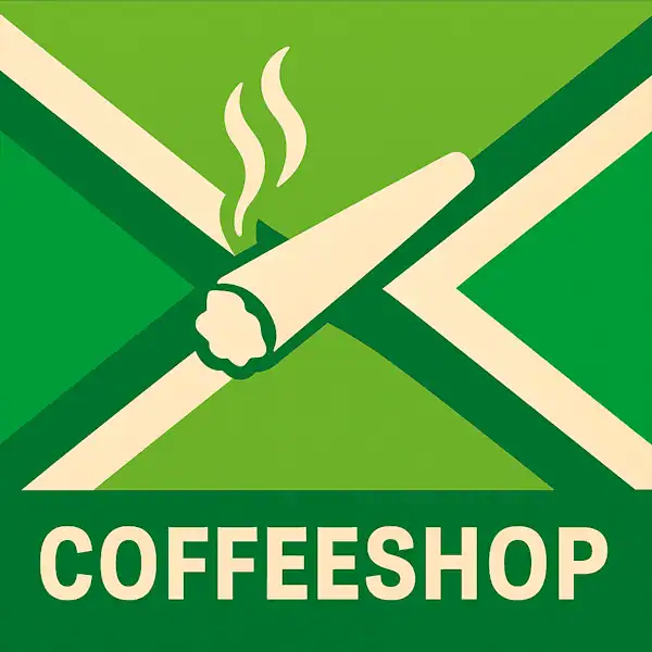Logo van een rokende joint in silhouet op de Achterhoekse vlag, met de tekst “COFFEESHOP” onderin in een donkergroene balk.