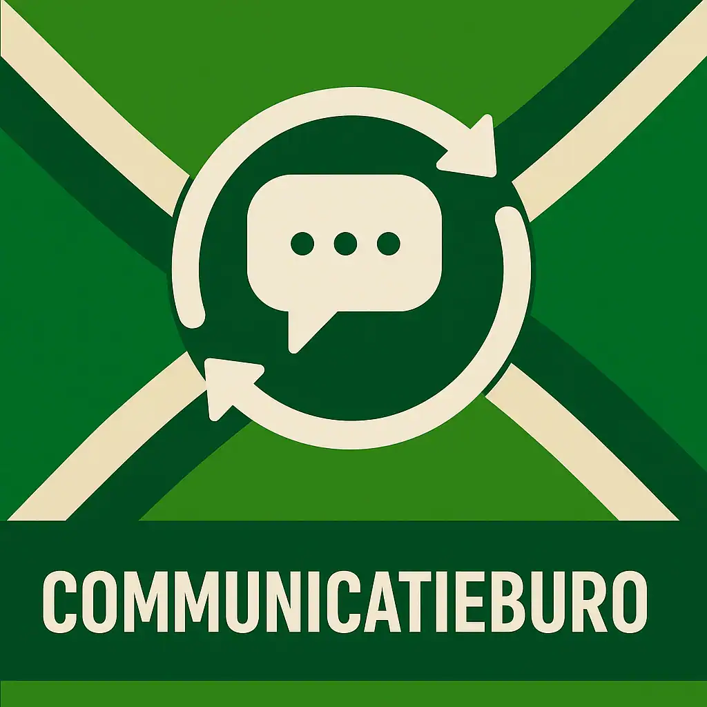 Logo voor communicatieburo: een wit spraakballonicoon met drie stippen, omringd door cirkelvormige pijlen, geplaatst op de correcte Achterhoekse vlag met lichtgroene en donkergroene diagonale banen en roomwitte kruisen, met daaronder de tekst COMMUNICATIEBURO in hoofdletters op een donkergroene balk over de volledige breedte.