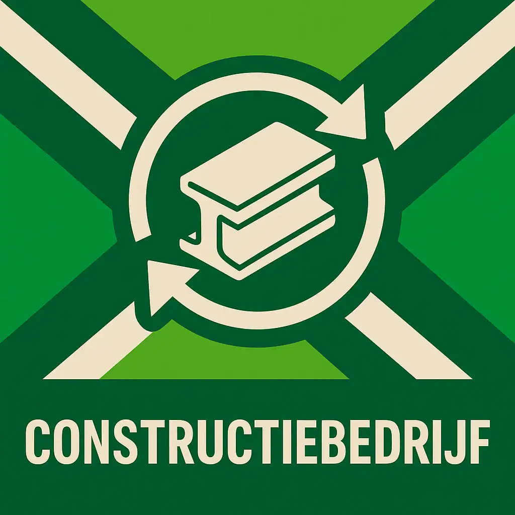 Logo voor constructiebedrijf: een wit H-balkicoon met cirkelvormige pijlen eromheen, geplaatst op de correcte Achterhoekse vlag met lichtgroene en donkergroene diagonale banen en roomwitte kruisen, met daaronder de tekst CONSTRUCTIEBEDRIJF in hoofdletters op een donkergroene balk over de volledige breedte.