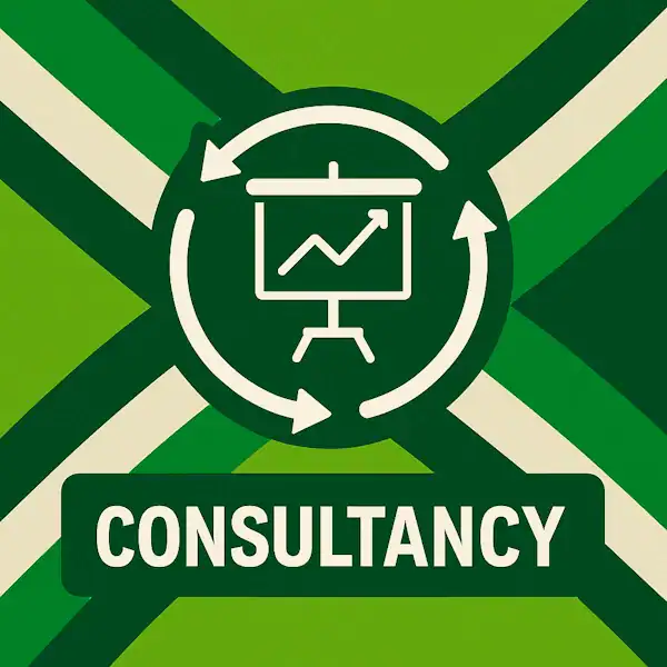 ogo voor consultancy: een wit presentatiebord met grafiek en cirkelvormige pijlen eromheen, geplaatst op de correcte Achterhoekse vlag met lichtgroene en donkergroene diagonale banen en roomwitte kruisen, met daaronder de tekst CONSULTANCY in hoofdletters op een donkergroene balk over de volledige breedte.