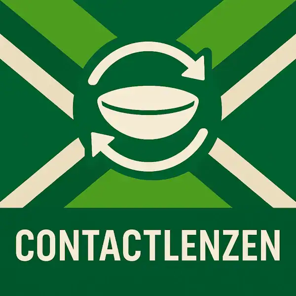 Logo voor contactlenzen: een wit contactlensicoon met gebogen vorm, omringd door cirkelvormige pijlen, geplaatst op de correcte Achterhoekse vlag met lichtgroene en donkergroene diagonale banen en roomwitte kruisen, met daaronder de tekst CONTACTLENZEN in hoofdletters op een donkergroene balk over de volledige breedte.