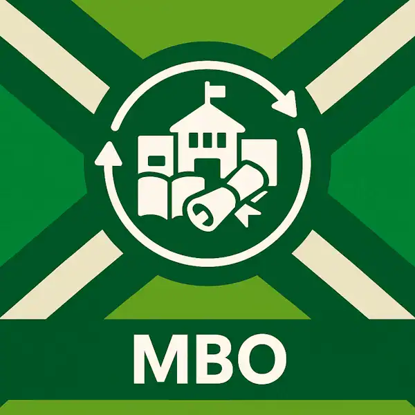 Logo voor MBO: een wit icoon van een schoolgebouw met open boek en diploma, omringd door cirkelvormige pijlen, geplaatst op de correcte Achterhoekse vlag met lichtgroene en donkergroene diagonale vlakken en helderwitte kruisen, met daaronder de tekst MBO in hoofdletters op een donkergroene balk over de volledige breedte.