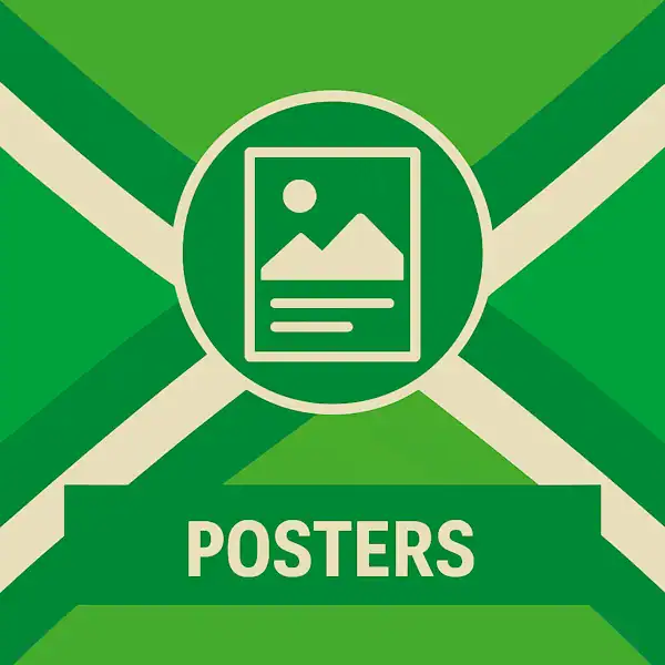 Vierkant logo (600x600) voor de categorie "Posters" op AchterhoekInformatie.nl, met een wit pictogram van een poster in een donkergroene cirkel op de correcte Achterhoekse vlag. De tekstbalk is donkergroen met witte hoofdletters "POSTERS", en alle crèmekleurige elementen zijn wit gemaakt.