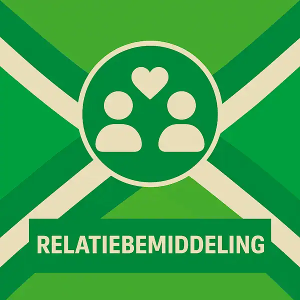 Vierkant logo (600x600) voor de categorie "Relatiebemiddeling" op AchterhoekInformatie.nl, met een wit pictogram van twee figuren met een hart ertussen in een donkergroene cirkel op de correcte Achterhoekse vlag. De tekstbalk is donkergroen met witte hoofdletters "RELATIEBEMIDDELING", en alle crèmekleurige elementen zijn wit gemaakt.