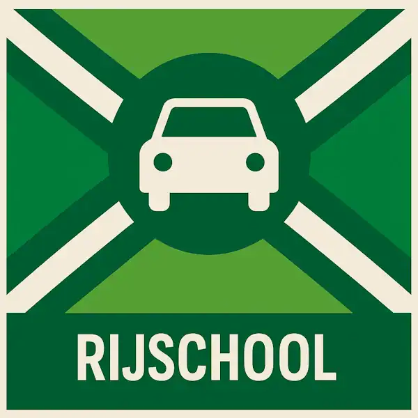 Logo van een rijschool met de Achterhoekse vlag als achtergrond (groene tinten met witte diagonale kruisbalken), centraal een donkergroene cirkel met een wit pictogram van een auto, onderaan een donkergroene balk met het woord “RIJSCHOOL” in witte hoofdletters.