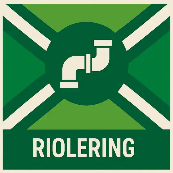 Logo van een rioleringsbedrijf met de Achterhoekse vlag als achtergrond (groene tinten met witte diagonale kruisbalken), centraal een donkergroene cirkel met een wit pictogram van een pijpconstructie, onderaan een donkergroene balk met het woord “RIOLERING” in witte hoofdletters.
