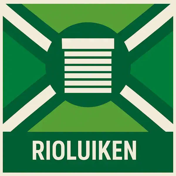 Logo voor rolluiken met de Achterhoekse vlag als achtergrond (groene tinten met witte diagonale kruisbalken), centraal een donkergroene cirkel met een wit pictogram van een rolluik, onderaan een donkergroene balk met het woord “ROLLUIKEN” in witte hoofdletters.