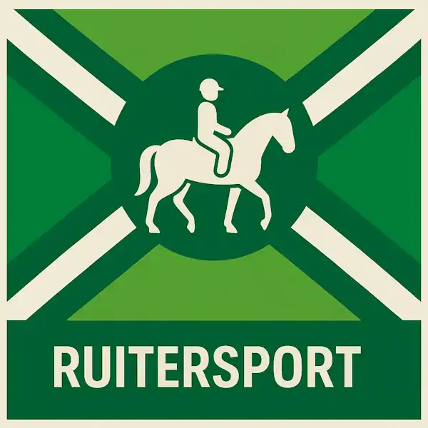 Logo voor ruitersport met de Achterhoekse vlag als achtergrond (groene tinten met witte diagonale kruisbalken), centraal een donkergroene cirkel met een wit pictogram van een ruiter op een paard, onderaan een donkergroene balk met het woord “RUITERSPORT” in witte hoofdletters.