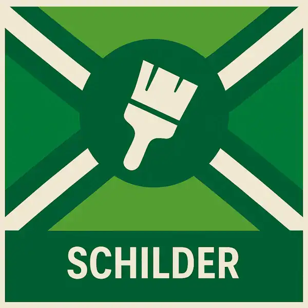 Logo voor een schilder met de Achterhoekse vlag als achtergrond (groene tinten met witte diagonale kruisbalken), centraal een donkergroene cirkel met een wit pictogram van een verfkwast, onderaan een donkergroene balk met het woord “SCHILDER” in witte hoofdletters.