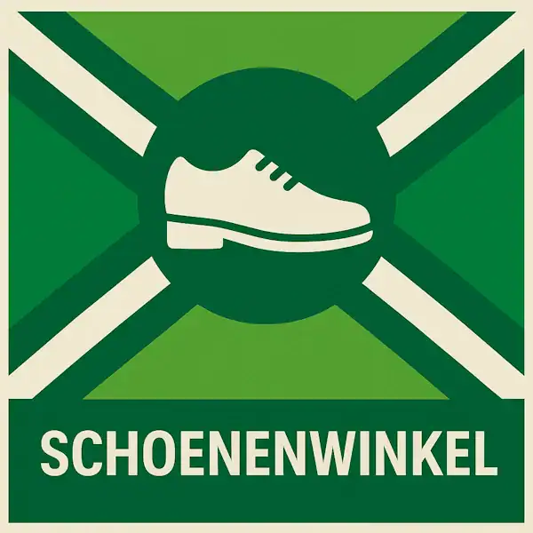 Logo voor een schoenenwinkel met de Achterhoekse vlag als achtergrond (groene tinten met witte diagonale kruisbalken), centraal een donkergroene cirkel met een wit pictogram van een nette herenschoen, onderaan een donkergroene balk met het woord “SCHOENENWINKEL” in witte hoofdletters.