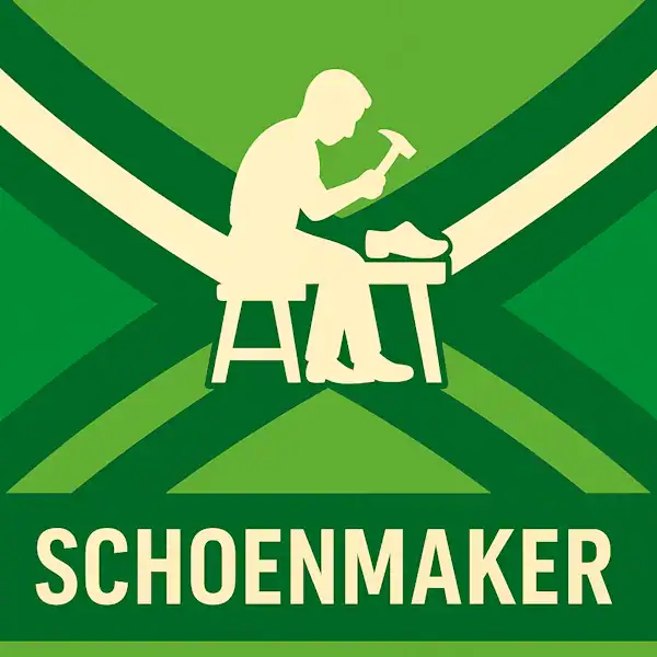 Logo van een schoenmaker in silhouet op de Achterhoekse vlag, met de tekst “SCHOENMAKER” onderin in een donkergroene balk.