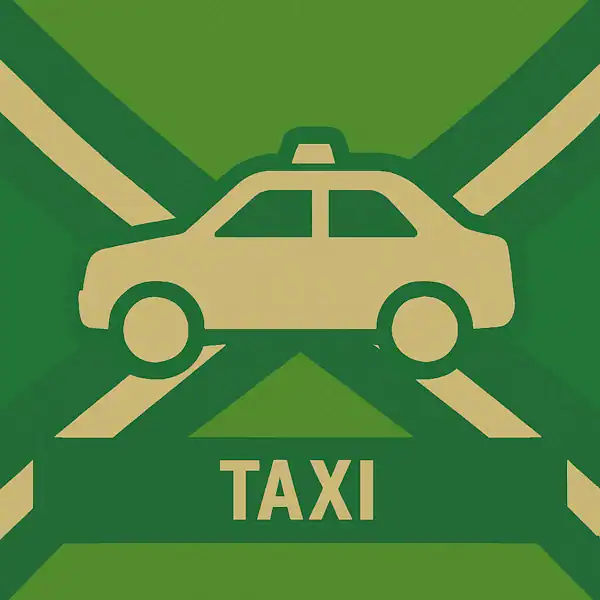 Logo van een taxi in silhouet op de Achterhoekse vlag, met de tekst “TAXI” onderin in een donkergroene balk.