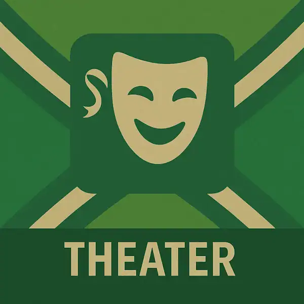 Logo van een lachend theatermasker in silhouet op de Achterhoekse vlag, met de tekst “THEATER” onderin in een donkergroene balk.
