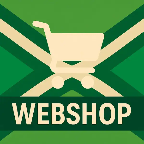 Logo van een winkelwagentje in silhouet op de Achterhoekse vlag, met de tekst “WEBSHOP” onderin in een donkergroene balk.